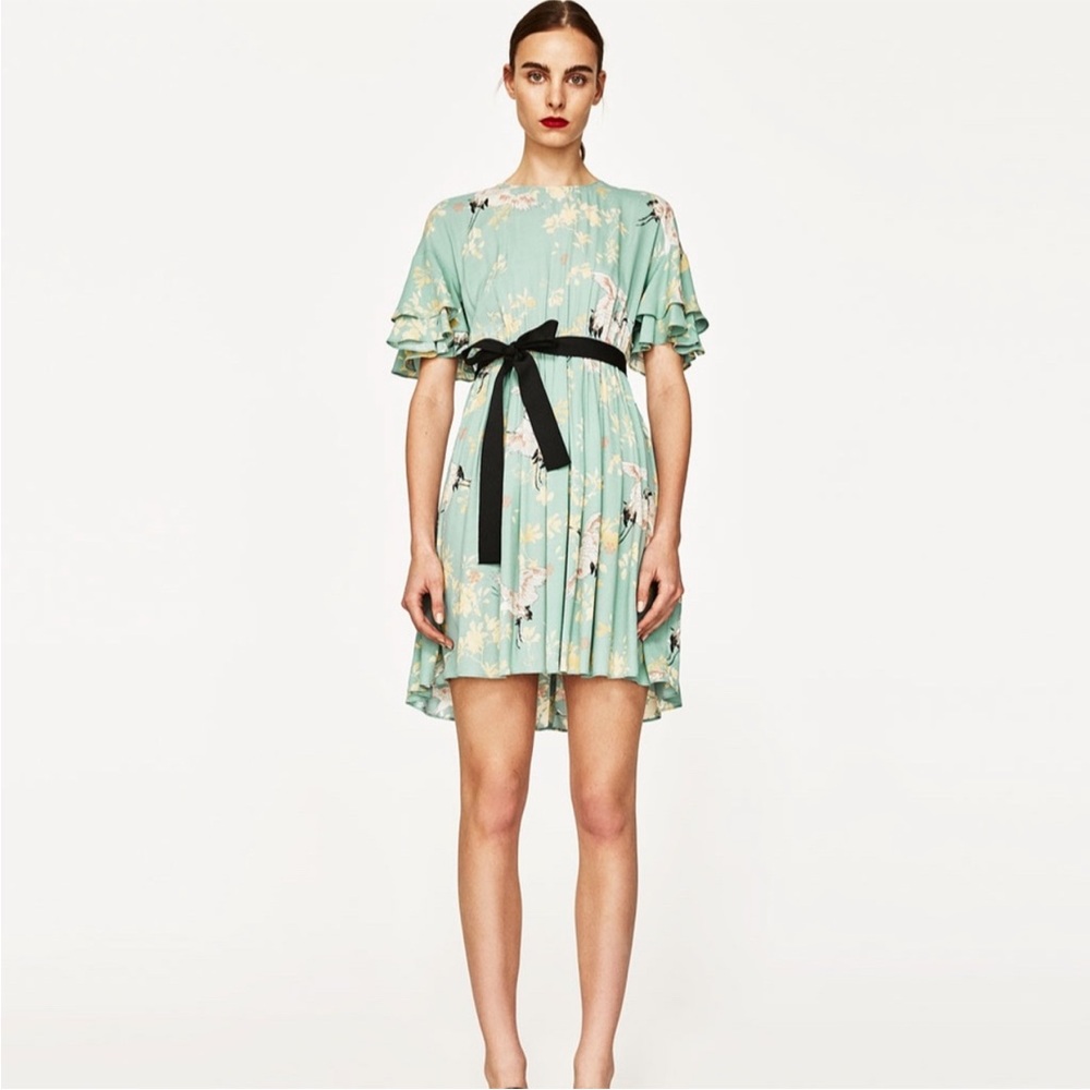 Zara Light Green Floral High Low Dress with Black Ribbon